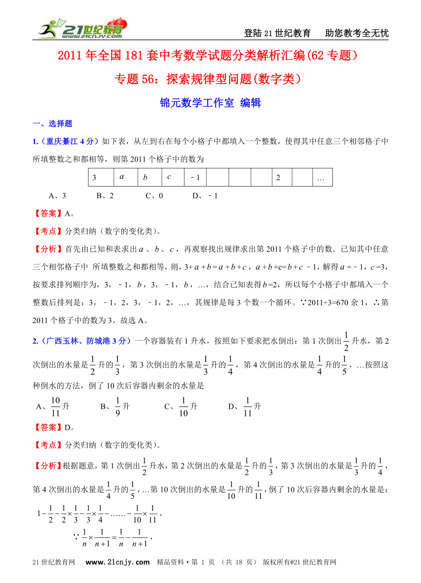 2011年全国181套中考数学试题分类解析汇编(62专题）专题56探索规律型问题(数字类）