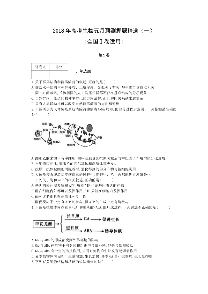 2018年高考生物五月预测押题精选：（一）（全国Ⅰ卷适用）