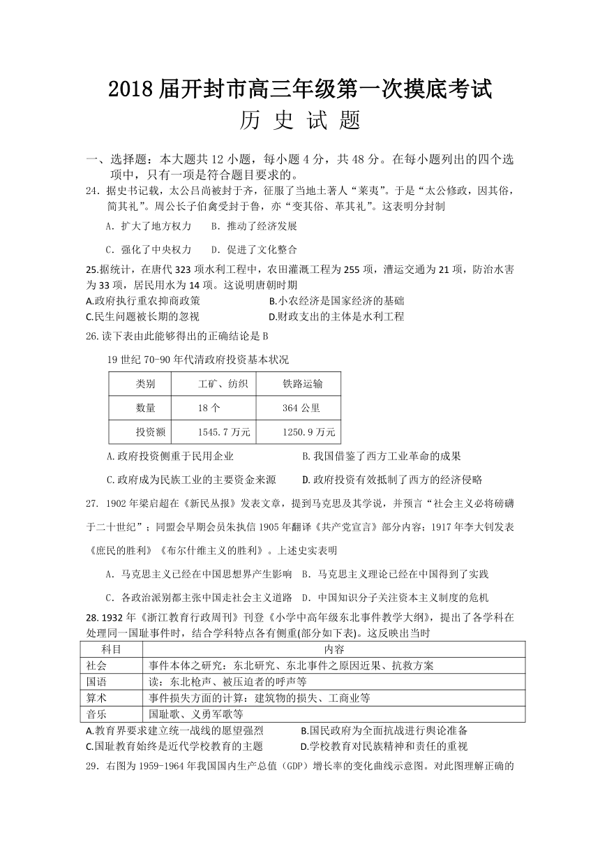 河南省开封市2018届高三上学期第一次模拟考试（12月）历史