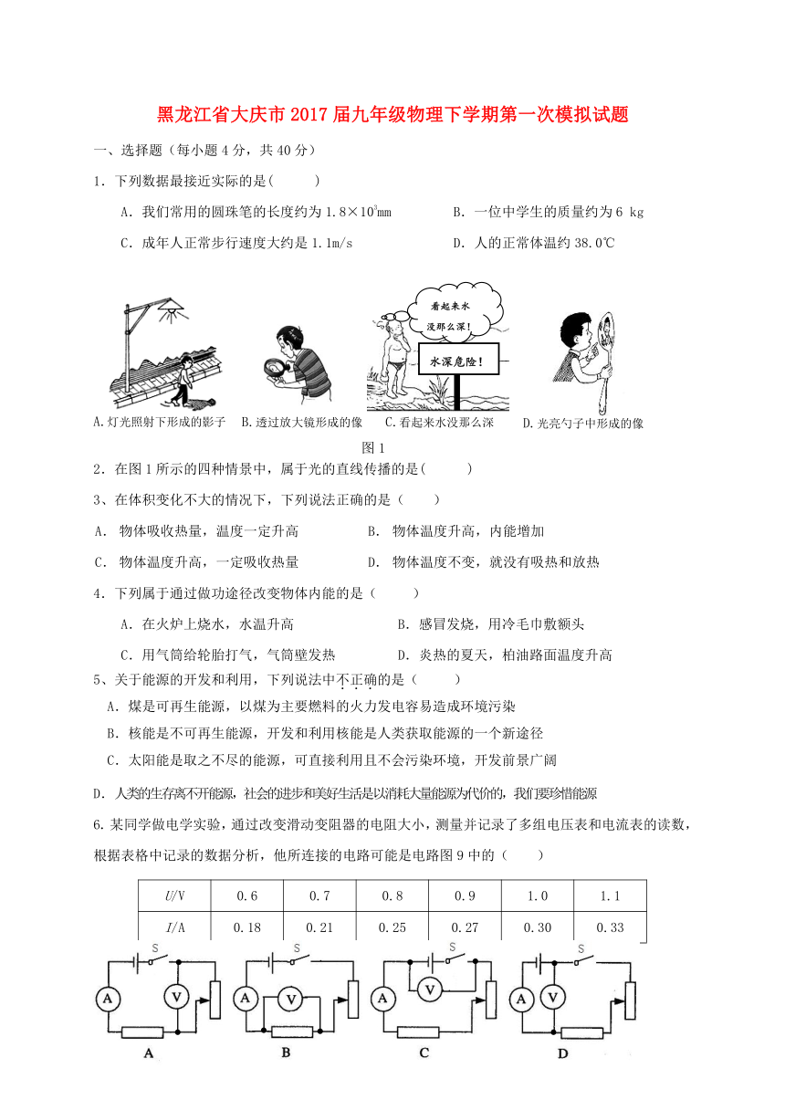 黑龙江省大庆市2016-2017学年九年级物理下学期第一次模拟试题