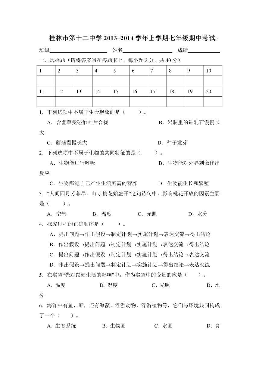 广西桂林市第十二中学2013-2014学年七年级上学期期中考试生物试题（无答案）