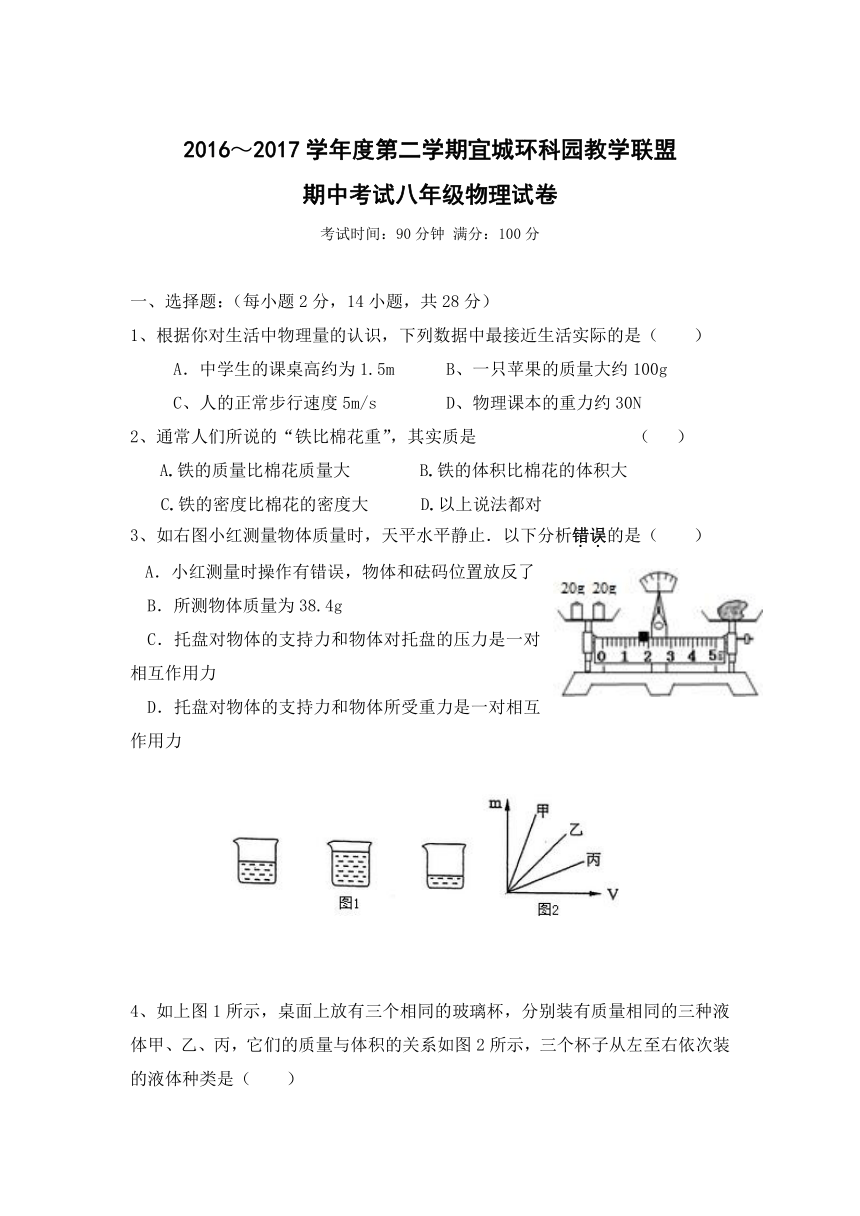 苏科版初中物理江苏省宜兴市宜城环科园教学联盟2016-2017学年八年级下学期期中考试物理试卷