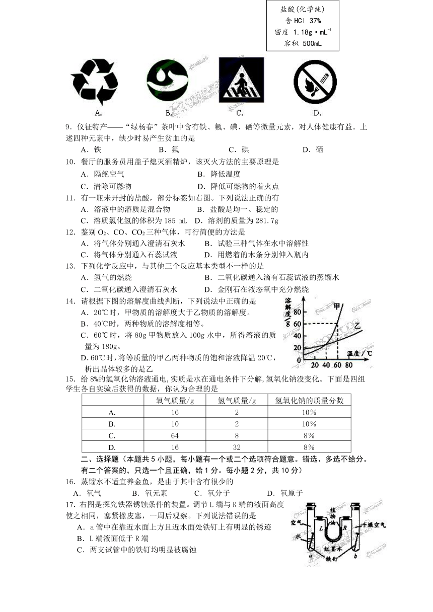 江苏省仪征市2014届九年级上学期期末测试化学试题