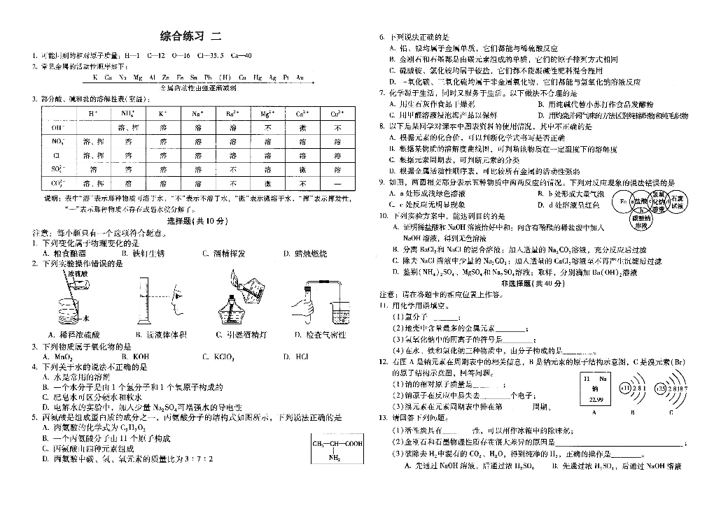 吉林省东北师大附中2020年九年级下学期化学模拟试卷（二）（PDF版 无答案）