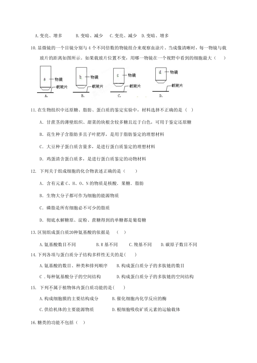 广东省深圳市沙井中学2015-2016学年高一上学期期中考试生物试题（含答案）