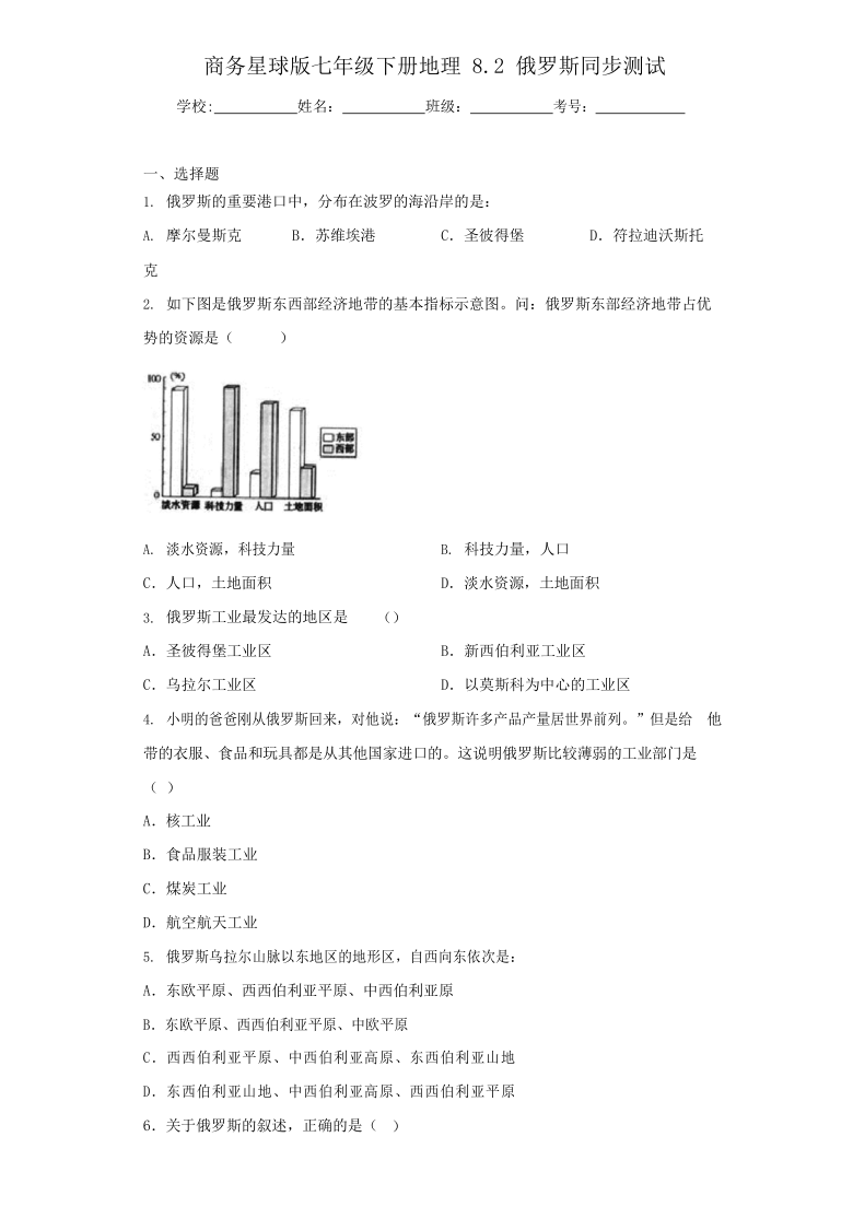 商务星球版七年级下册地理8.2俄罗斯同步测试(Word版，含答案和解析)