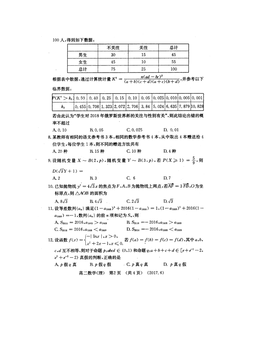 河南省洛阳市2016-2017学年高二下学期期末考试数学（理）试题 图片版