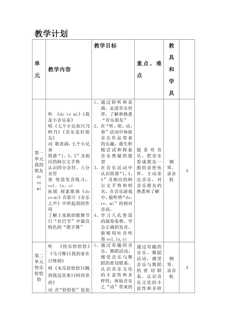 苏少版小学音乐三年级上册教学计划