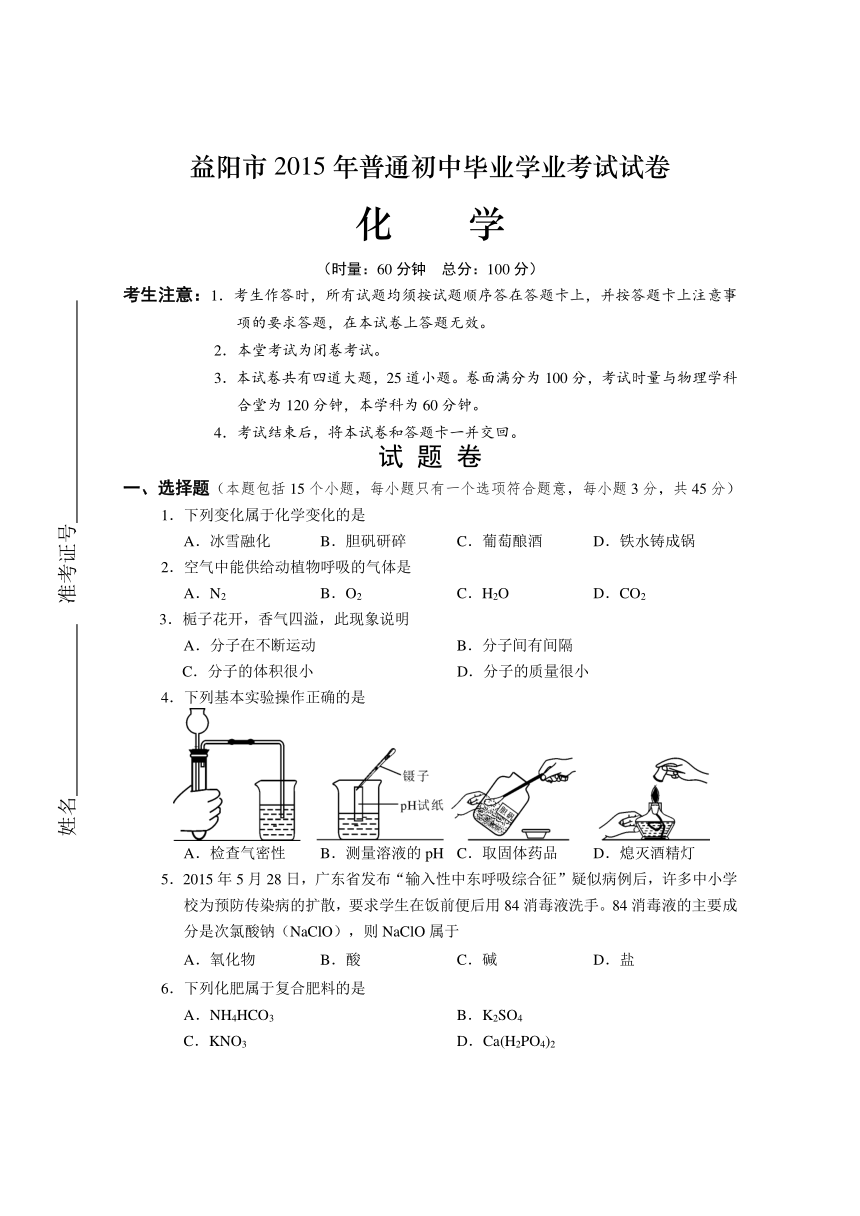 湖南省益阳市2015年中考化学试题(word版有答案)