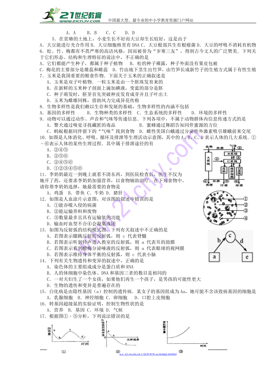 2018年5月广东省揭西县中考模拟考试生物试卷及答案