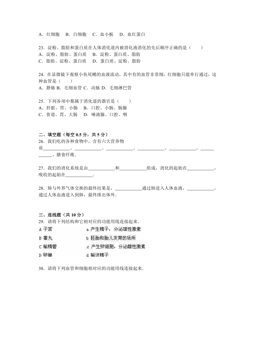 河北省邯郸市魏县北皋镇西康町中学2014-2015学年七年级（下）期中生物试卷（解析版）