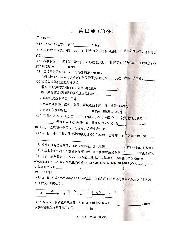 湖南省衡阳县2018-2019学年高一上学期期末考试化学试题 扫描版含答案