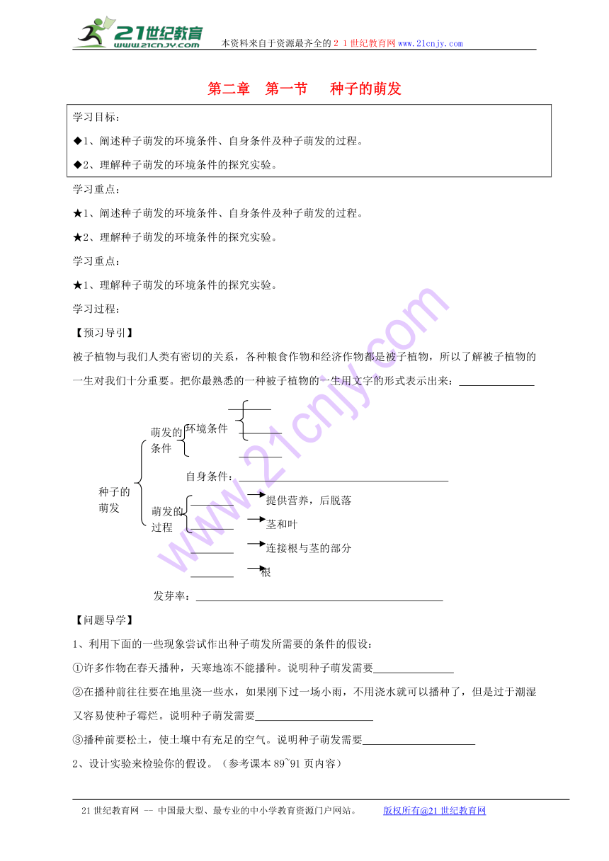 黑龙江省伊春市带岭高级中学七年级生物上册 第三单元 第二章 第一节 种子的萌发学案（无答案）