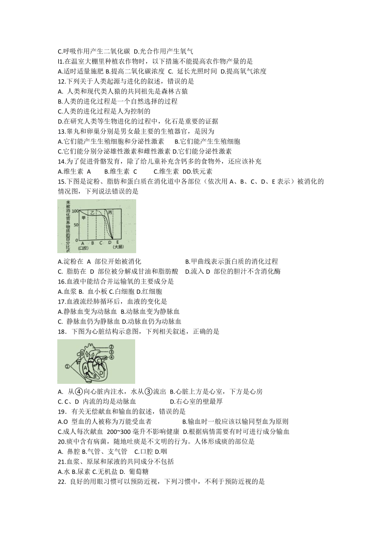 2021年云南省临沧市耿马县初中学业水平模拟考试（二模）生物试题（word版含图片版答案）