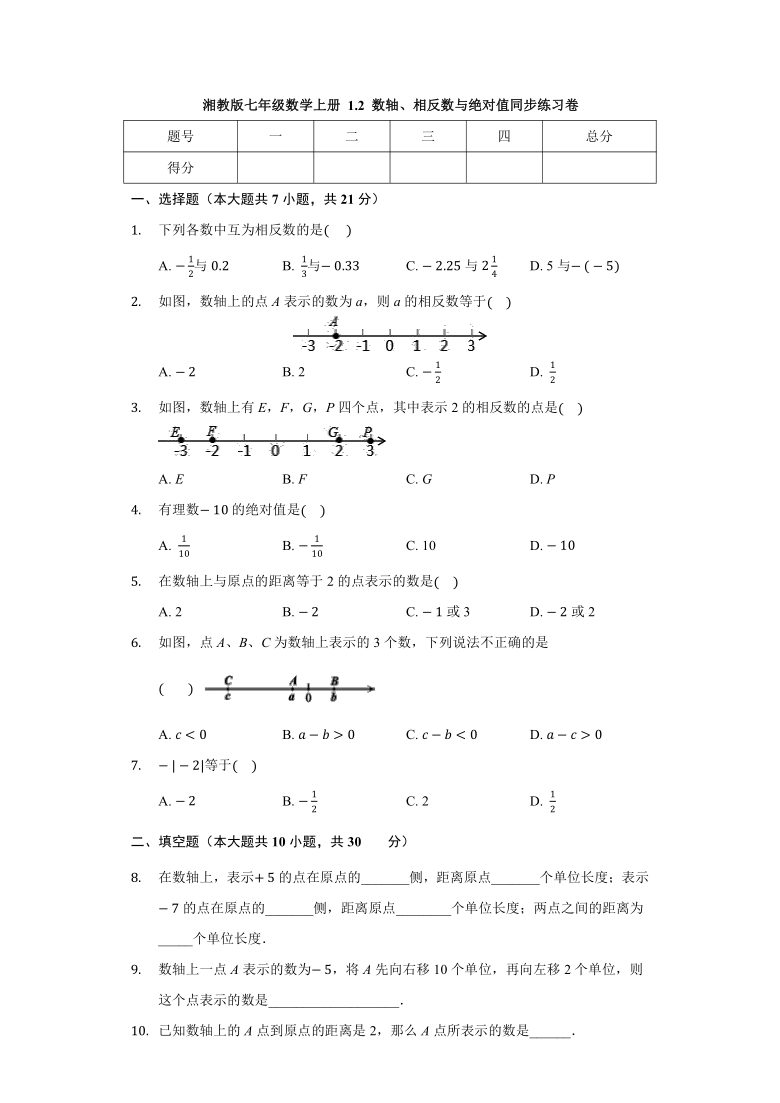 湘教版七年级数学上册 1.2 数轴、相反数与绝对值 同步练习卷（Word版 无答案）