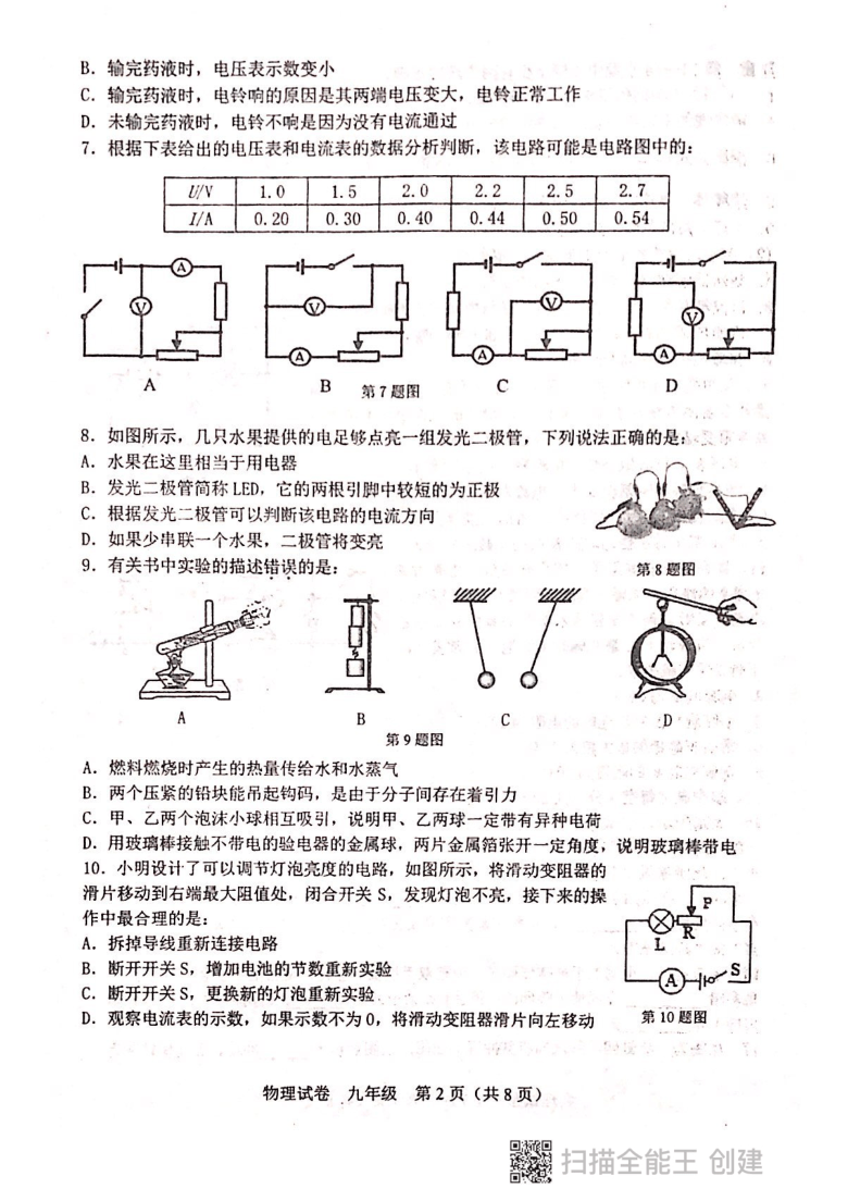 辽宁省鞍山市铁东区2020-2021学年第一学期九年级物理期中检测试题（扫描版，无答案）