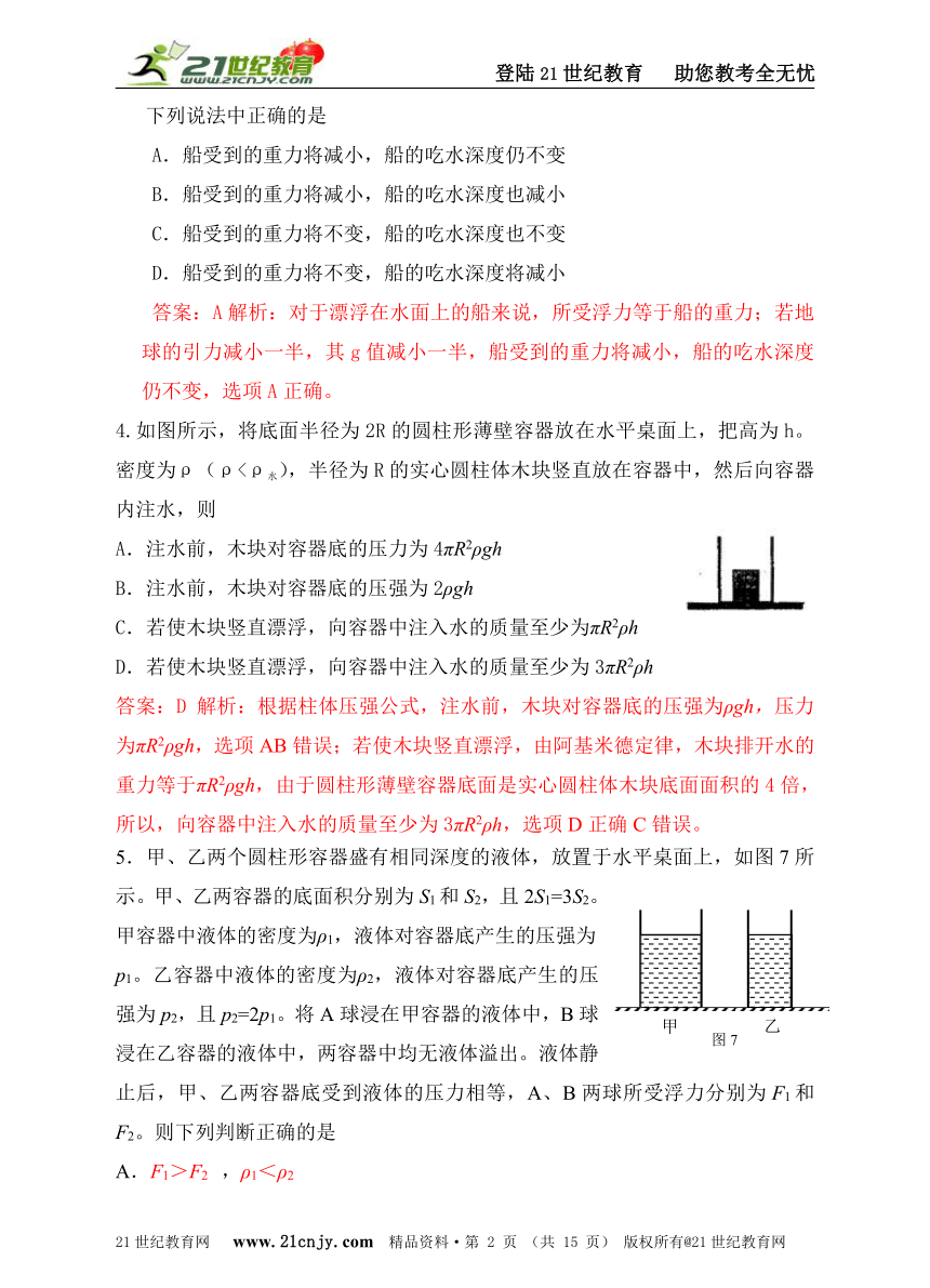 最近十年初中应用物理知识竞赛题分类解析专题十、浮力