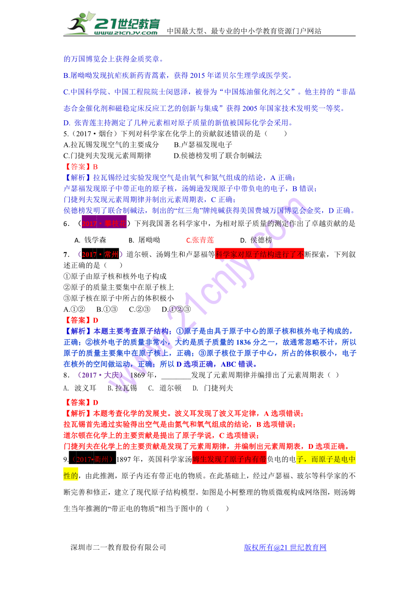 2017年中考化学试题解析分类汇编考点2化学史