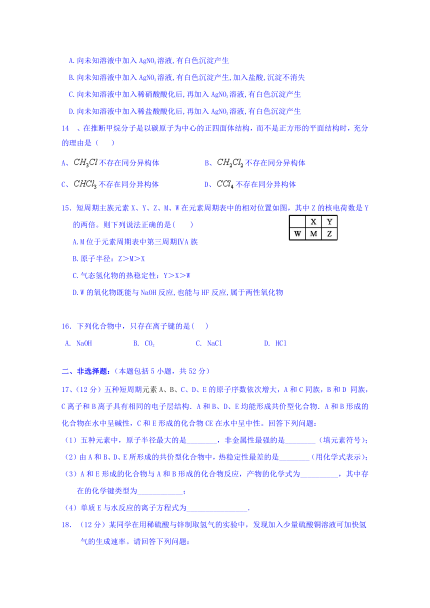 江西省横峰中学2016-2017学年高一下学期期中考试化学试题 Word版含答案