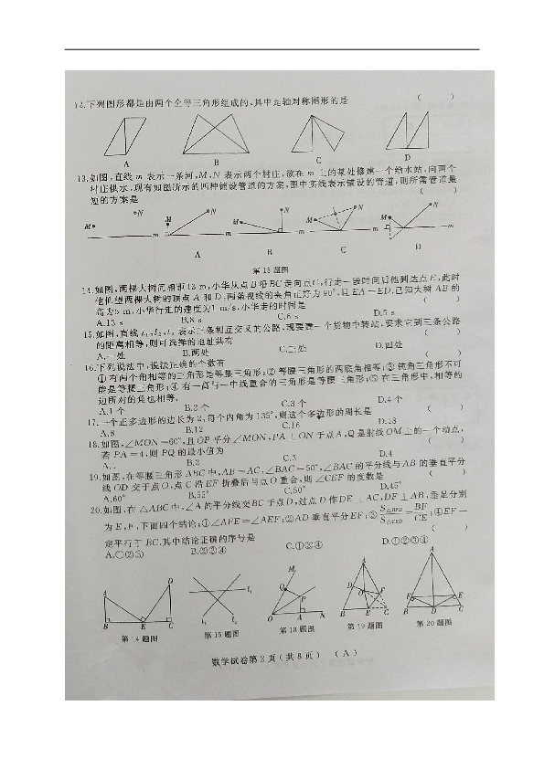 黑龙江省伊春市嘉荫县2018-2019学年八年级上学期期中考试数学试题（图片版，含答案）