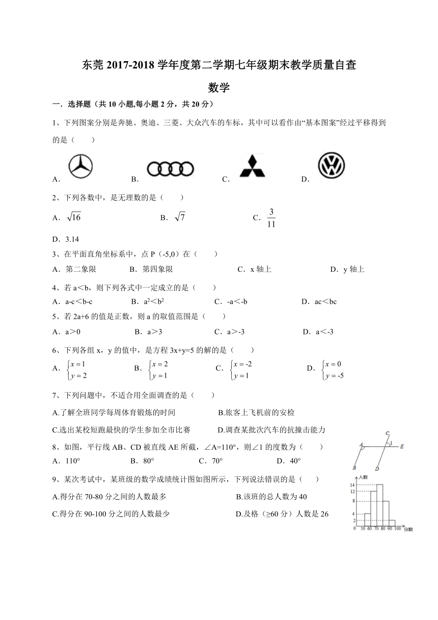 广东省东莞市2017-2018学年七年级下学期期末考试数学试题（含答案）