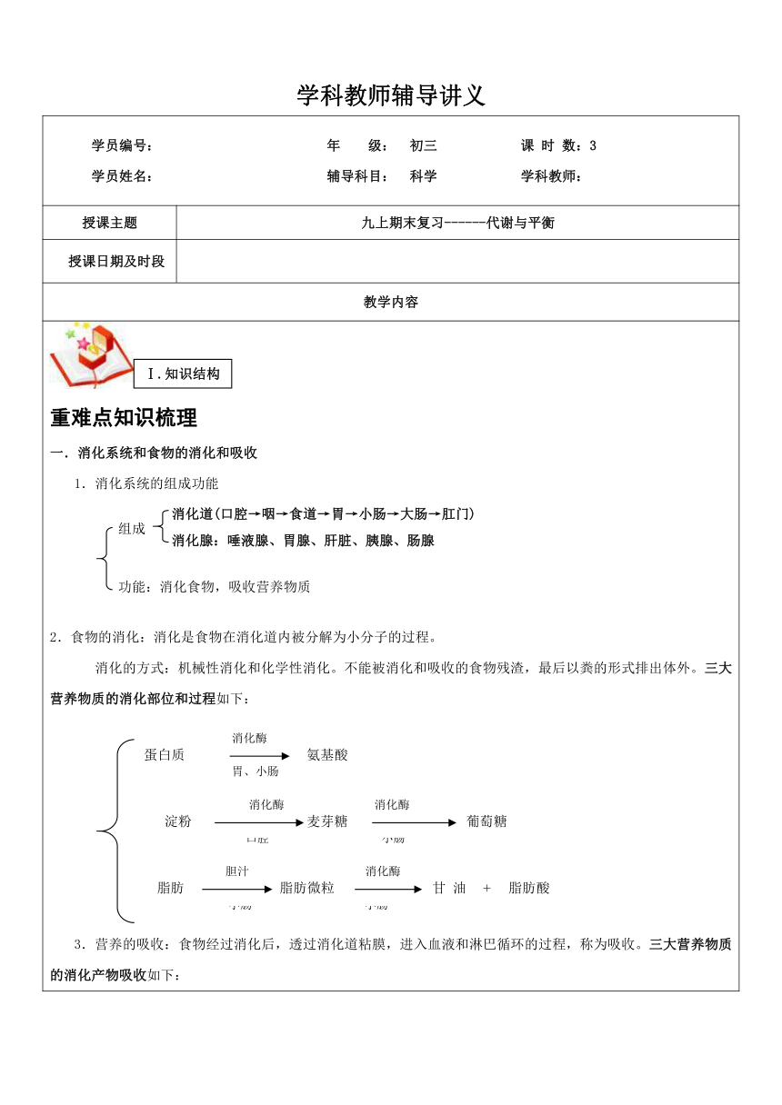 浙教版九年级科学上册期末复习讲义3：代谢与平衡