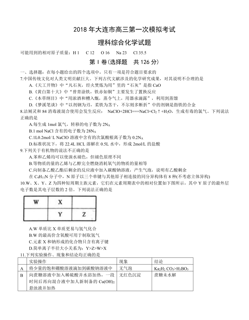 辽宁省大连市2018届高三第一次模拟考试 理综化学