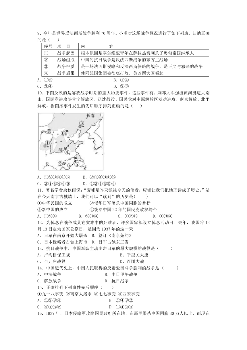 岳麓版 八年级历史 上册 第四单元《中国人民的抗日战争》 同步练习