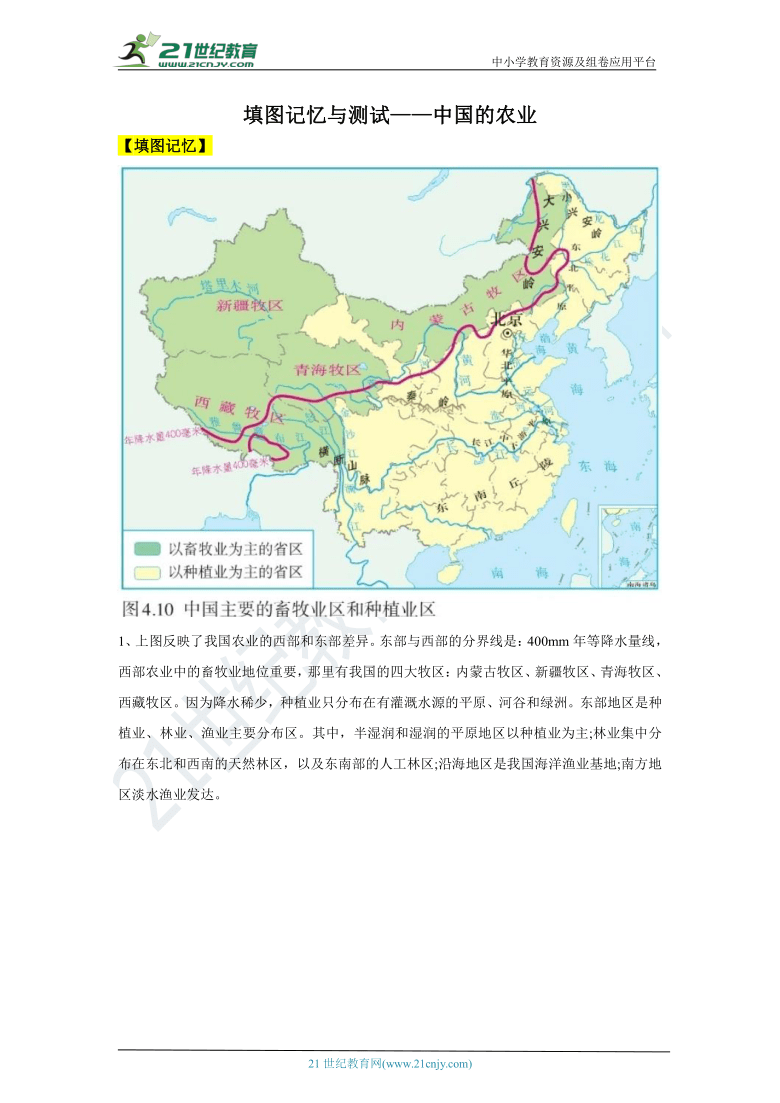 【2021中考一轮】人教版八上地理填图记忆与测试—— 中国的农业