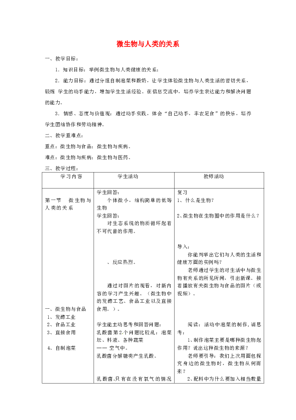 八年级生物上册第5单元第18章第2节微生物与人类的关系教案新版北师大版