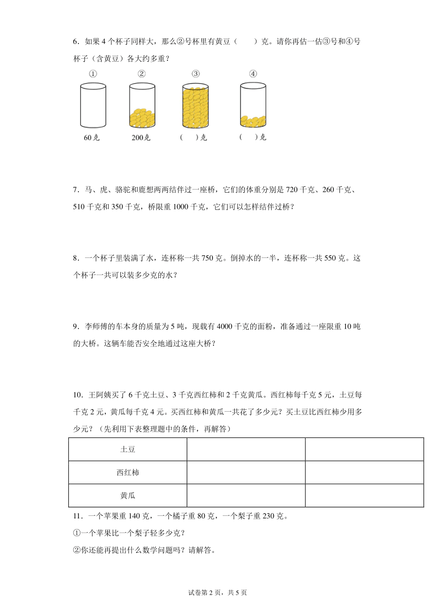 苏教版三年级上册数学千克和克应用题专题训练无答案