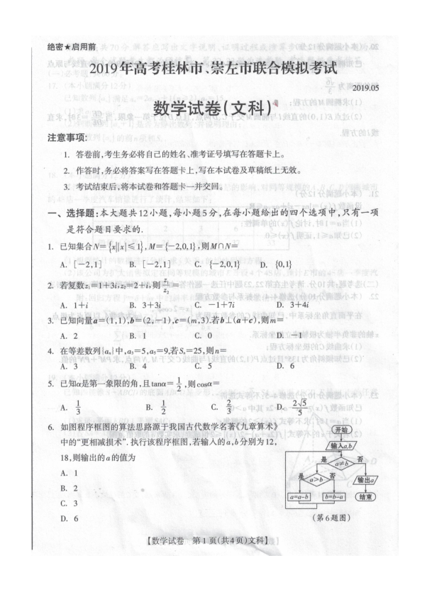 广西桂林市、崇左市2019届高三高考仿真模拟考试数学（文）试卷（PDF版）.pdf