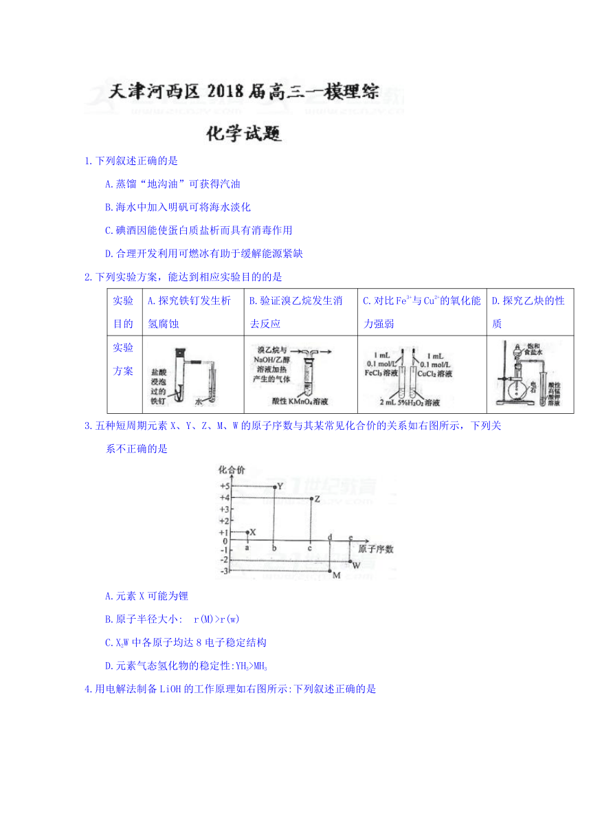 天津河西区2018届高三一模理综化学试题