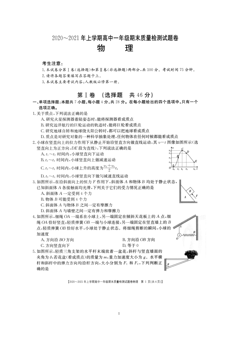 湖南省邵阳县2020-2021年第一学期高一期末质量检测物理试题（图片版）