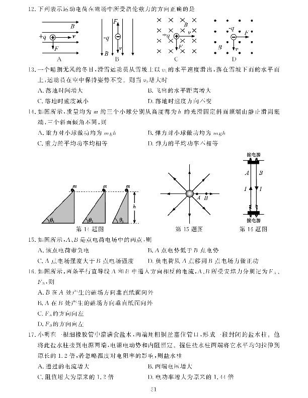 浙江省2020年1月普通高校招生学业水平考试物理试题 PDF版含答案