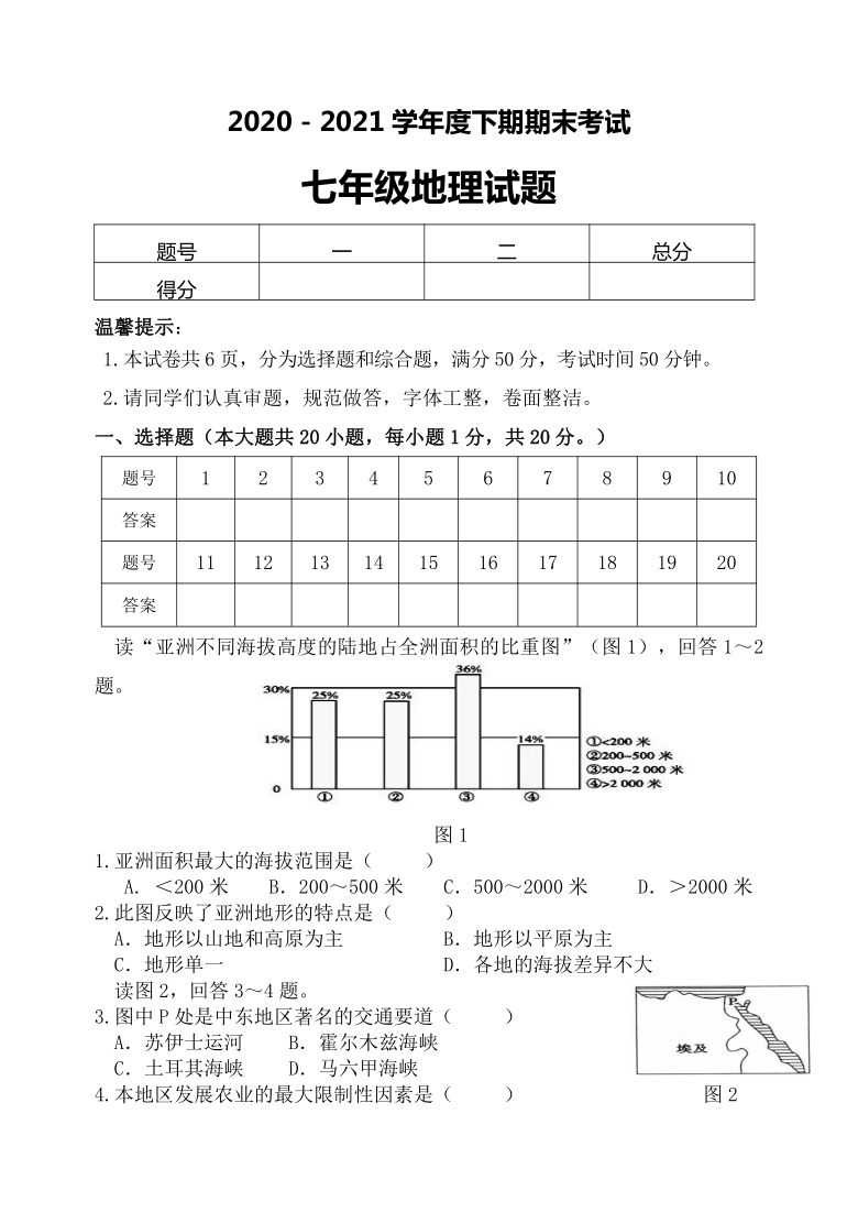 河南省周口市太康县2020-2021学年七年级下学期期末考试地理试题（Word附答案）