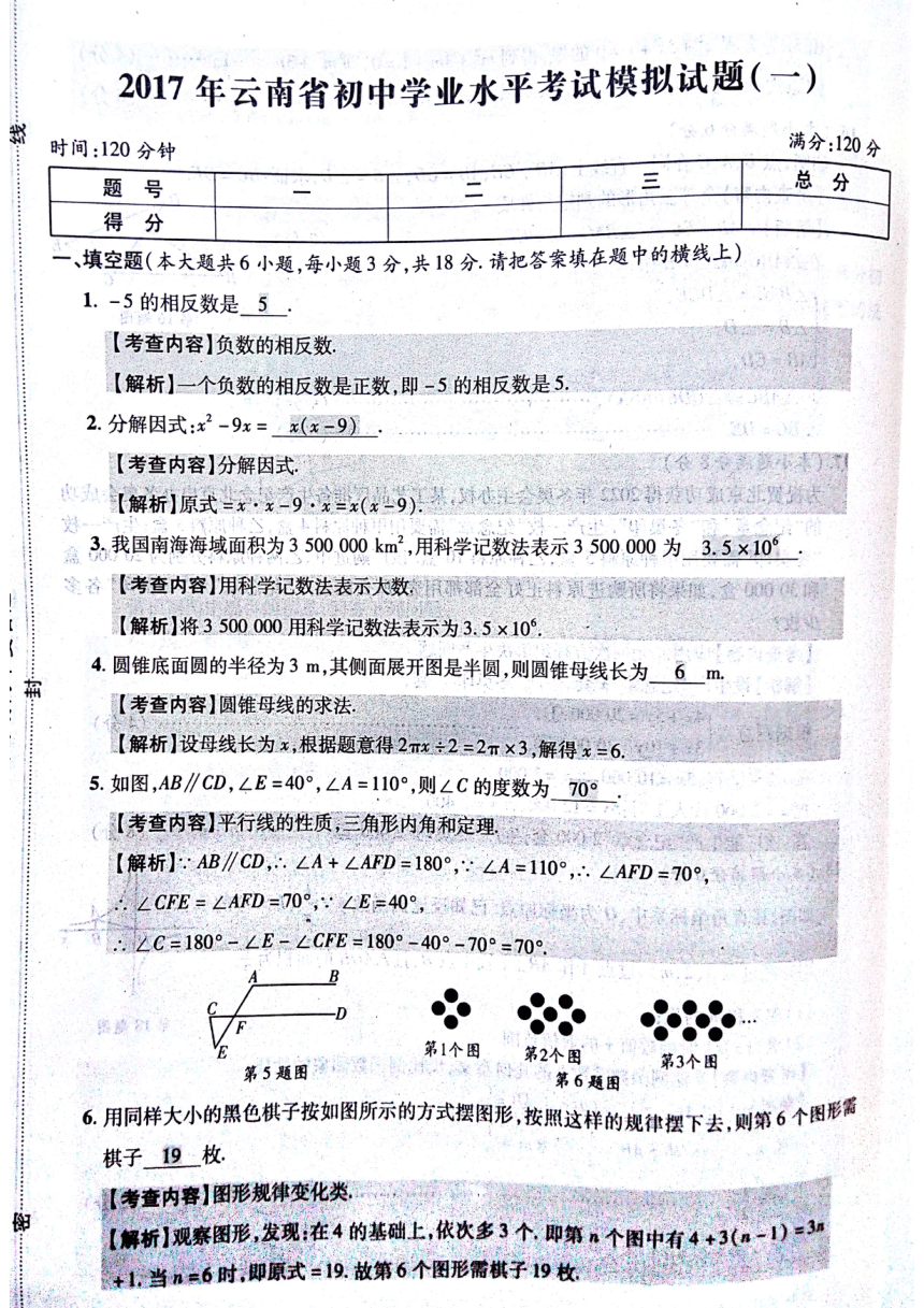 【优化指导】云南省2017年初中学业水平考试数学模拟试卷一（PDF版）