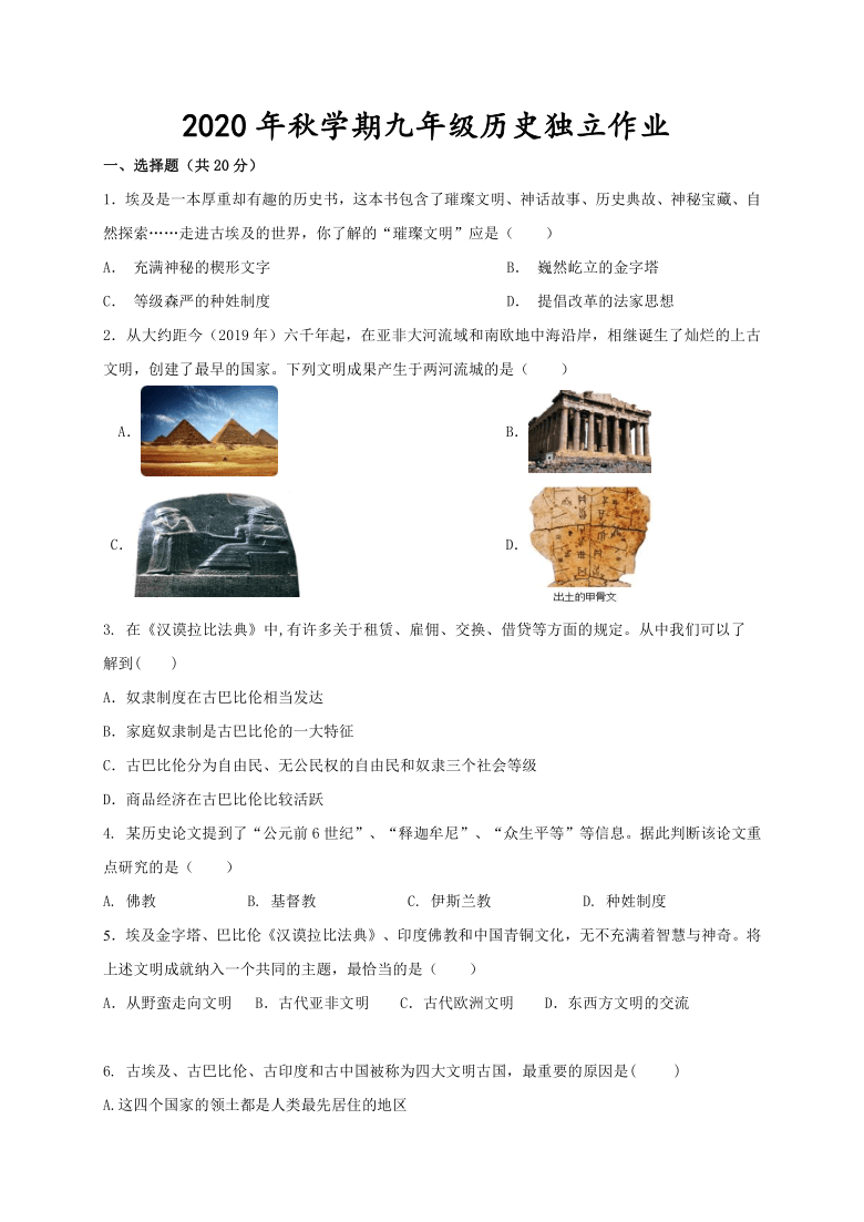 江苏省泰州市凤凰初级中学、明珠实验中学等四校2020-2021学年第一学期九年级历史第一次月考试题（word版，含答案）