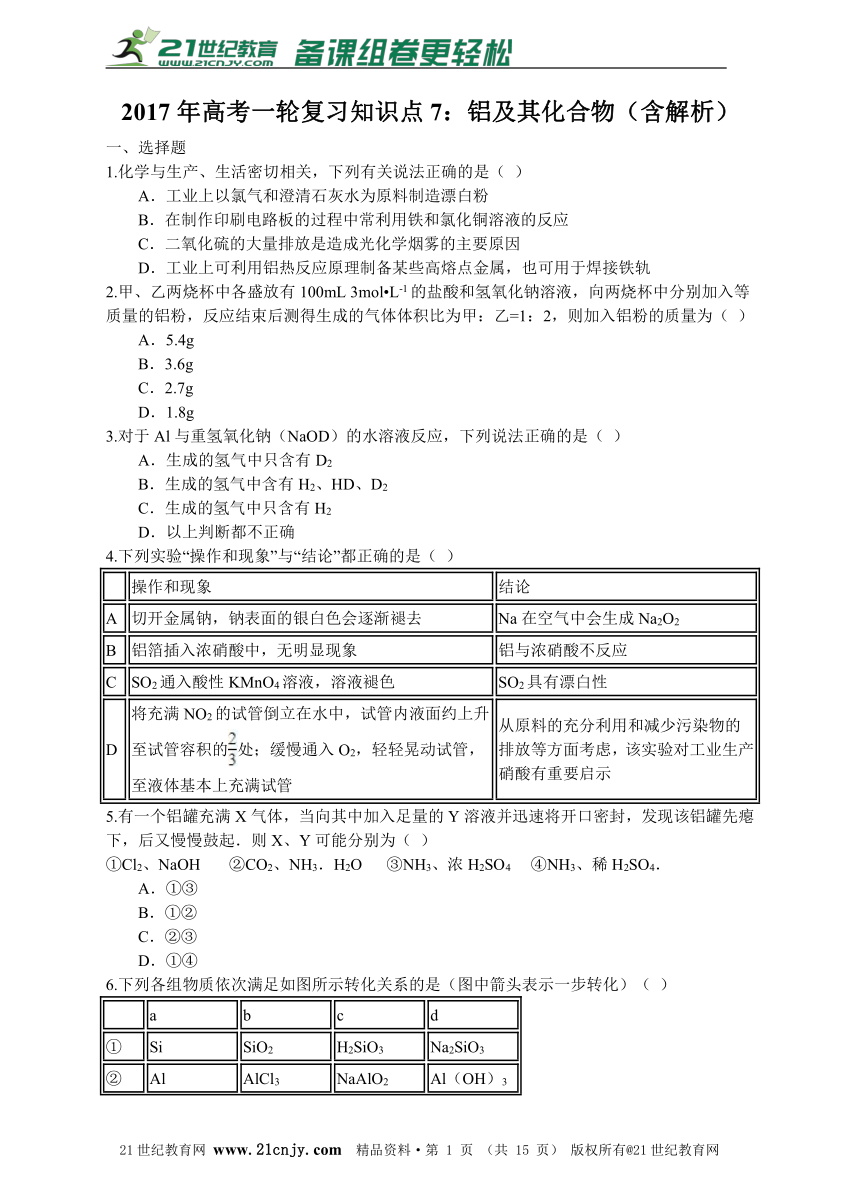 2017年高考一轮复习知识点7：铝及其化合物（含解析）