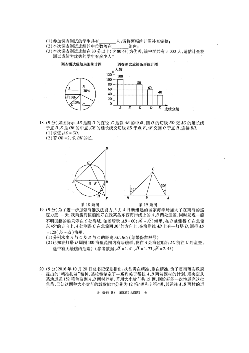 河南省重点中学2017年九年级下学期内部摸底考试（四）数学试题（图片版，含答案）