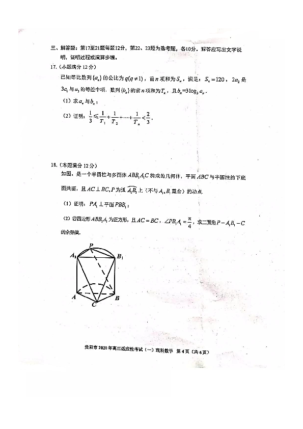 2020年3月贵州省贵阳市2020届高三适应性考试（一）理科数学及答案解析（PDF版）