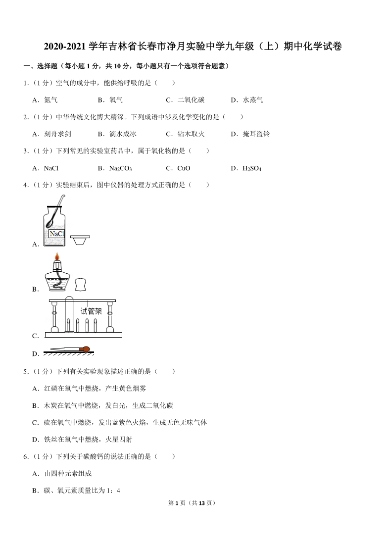 2020-2021学年吉林省长春市净月实验中学九年级（上）期中化学试卷（Word+答案解析）