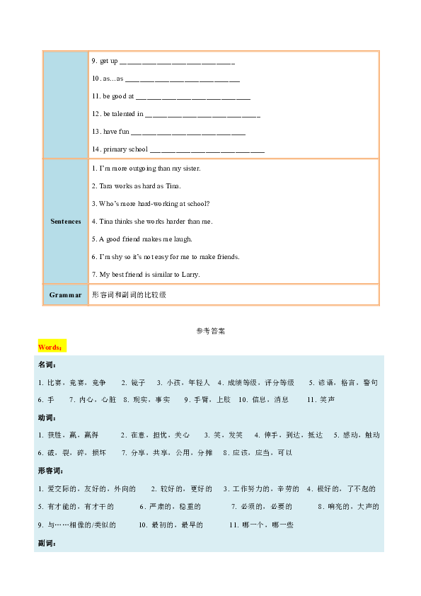Unit 3 I’m more outgoing than my sister.Section A 知识点+课时练习（含解析）