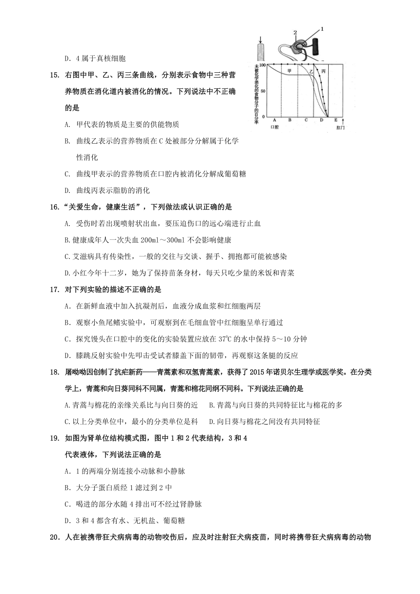 山东省济南市槐荫区2018届学业水平阶段性调研测试（一模）生物试题