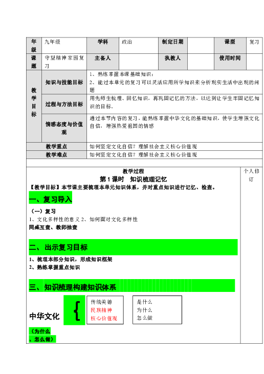 第五课 守望精神家园 复习教案