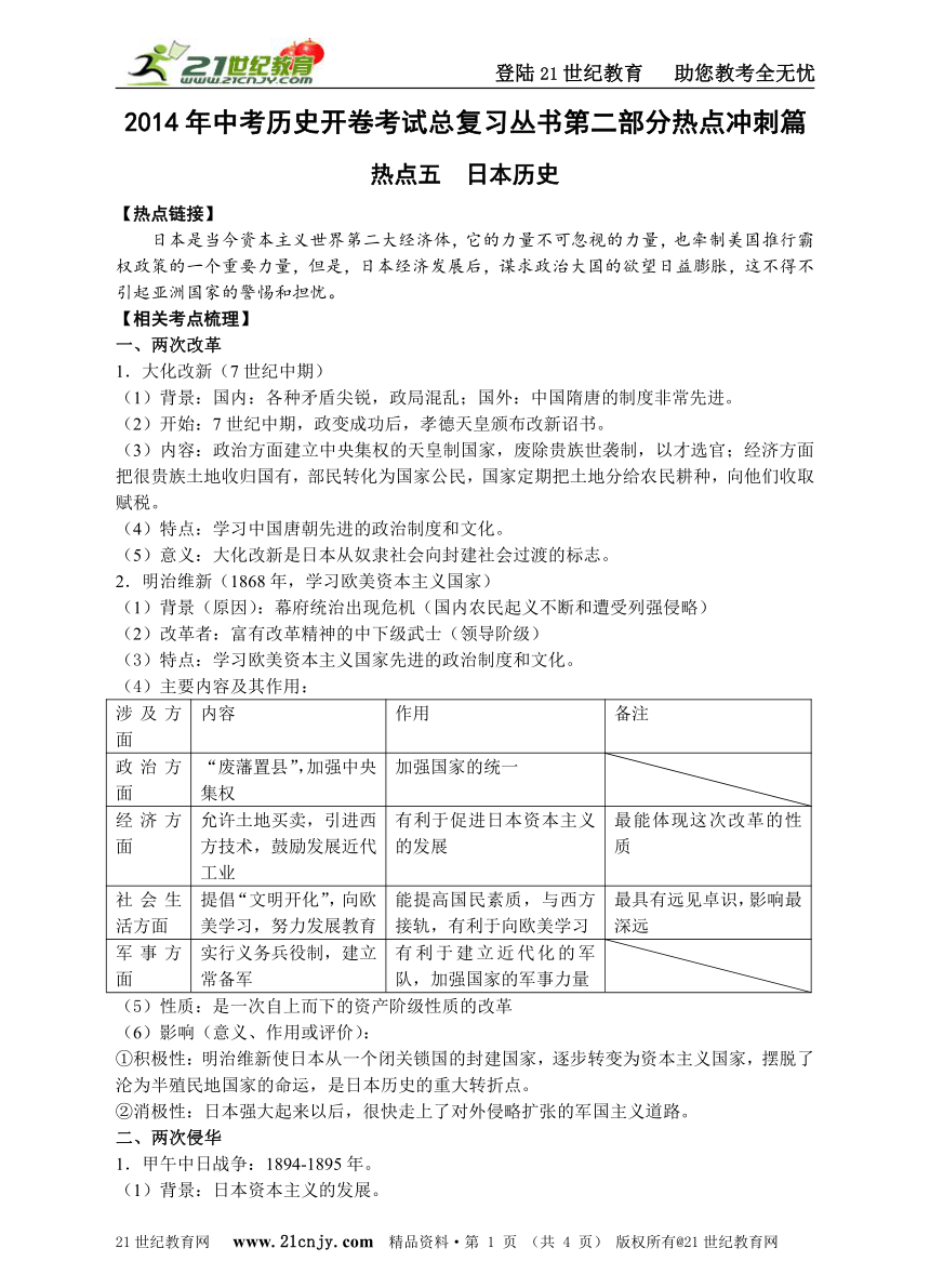 2014年中考历史开卷考试总复习丛书第二部分热点冲刺篇 热点五  日本历史