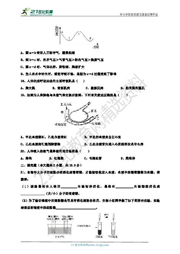 七年级生物下册期中考试题（含答案）