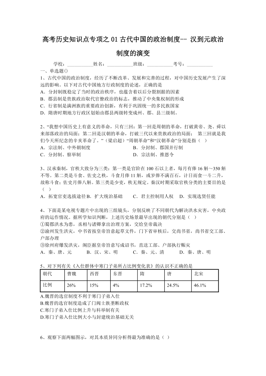 高考历史知识点专项之01古代中国的政治制度-- 汉到元政治制度的演变（含答案与解析）