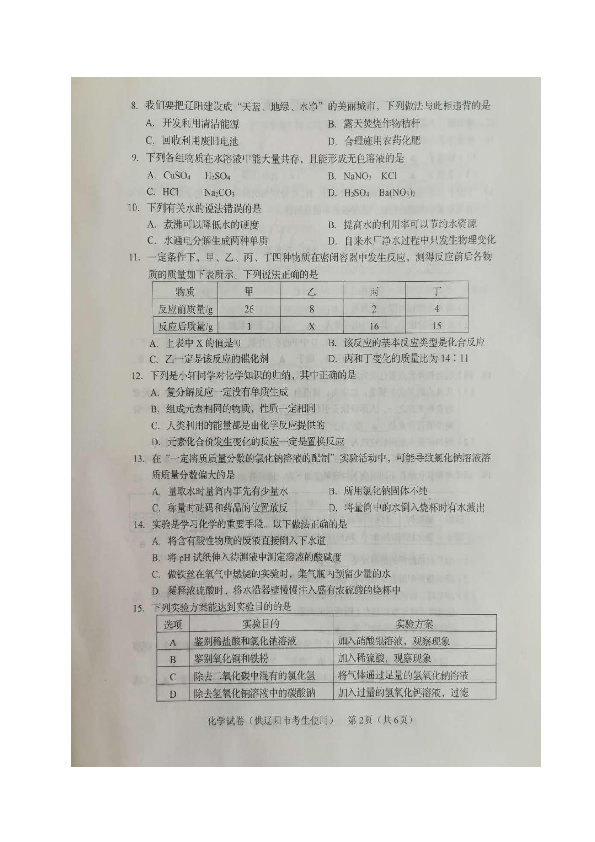 2019年辽宁省辽阳市中考化学试题（图片版，含答案）