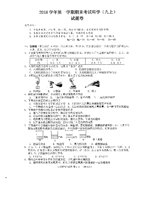 浙江省湖州市长兴县2018学年第一学期九年级（上）期末试卷 科学（PDF版 无答案）